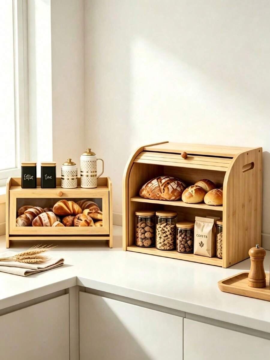 Brödbox i bambu med rullock, dubbellagrad stor kapacitet, fuktavvisande och dammtät trälåda, köksbänksorganizer för bröd, bakverk och torra snacks, för hembakare - Multifärgad - Visa 1