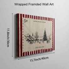 1pc Vintage Christmas Postage Stamp Wall Art, Retro Holiday Canvas Print, Rustic Red White Striped Tree Village Scene Poster, Neutral Farmhouse Xmas Decor For Living Room Entryway, Unframed Or Framed - Pattern - View 12