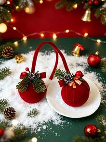 Christmas Red Cute Exquisite Bell Nordic Style Flocked Bow Hanging Ornament, Christmas Window Hanging Decoration - Red - View 4
