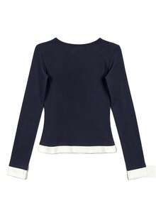 Korean Style Autumn New Slimming Sexy Half-Button 2 In 1 Fitted Versatile Long Sleeve T-Shirt Top For Women - Navy Blue - View 2
