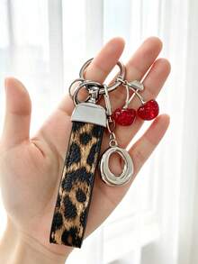 26 Alphabet Letter Keychain Pendant Creative Leopard Print PU Rope Key Strap, Cherry Charm, Car Keychain Pendant, Bag Charm Accessory, Key Decoration Accessory, 26 Letters To Choose From, Meaningful Gift For Family And Friends On Holidays - Brown - View 24