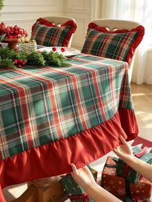 1pc Christmas Tablecloth With Ruffle Trim, Polyester Fabric, Red And Green Plaid Pattern, Rectangular/Square Tablecloth For Dining Room And Living Room Table Decor - Red and Green - View 7