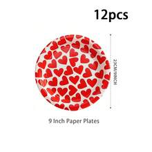 Red Heart Print Disposable Paper Plates Set, 24Pcs (12Pcs 9inch +12Pcs 7inch), Valentine's Day Party Tableware, Paper Plates For Wedding, Anniversary, Birthday Party, Picnic & Family Dinner Decor - Multicolor - View 8