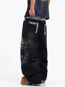 Justice Brother 1pc American Street Style Brand Personalized Patchwork Snake Print Design Embroidered Men's Black Denim Jeans All-Season Versatile Loose Comfortable Wide Leg Pants (Belt/Accessories Not Included) - Black - View 8
