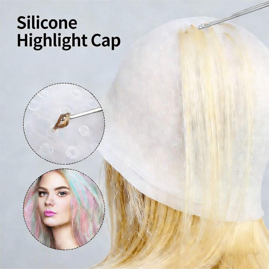 Reusable Silicone Hair Dye Cap, Multi-Color Hair Dye Cap With Metal Hook, Home Salon Hair Coloring Tool Silicone Dye Cap (Blue, White, Pink) - Multicolor - View 1