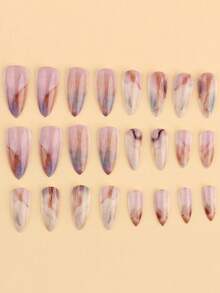24pcs Autumn/Winter Minimalist Almond Press-On Fake Nails With Nude Amber Marble Tie Dye Design, Includes 1pc Jelly Glue + 1pc Nail File - Multicolor - View 3