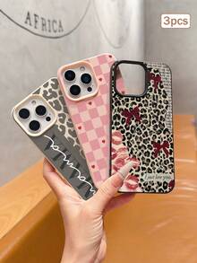 3件組印花皮革紋理 TPU 防震全包覆保護手機殼，適用於 Apple 11/12/13/14/15/16/17 Pro Max - 彩色 - 查看 3
