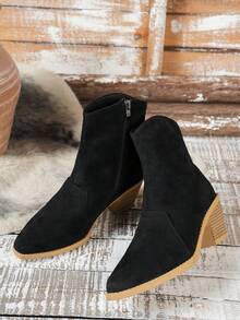 Women's Solid Color Western Style Side Zipper Smooth Chunky Heel Outdoor Ankle Boots - Black - View 4