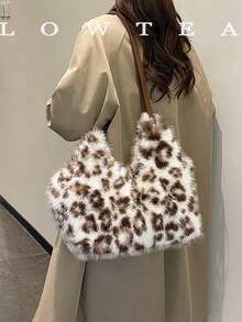 low tea 1pc Crescent Bucket Plush Fabric Shoulder Tote Bag, Suitable For Commuting, Shopping And More - Coffee - View 6