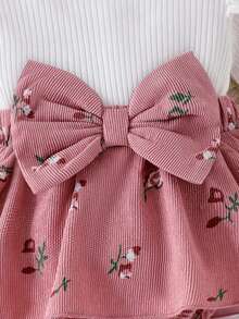 1pc Newborn (Girl) Baby Comfortable Ribbed Patchwork Printed Corduroy Romper Dress With Headband And Leg Warmers, Medium-Thin Weight, Spring/Autumn - Watermelon Pink - View 7