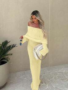Sexy Street Style Solid Color Semi-Sheer Off-Shoulder Long Sleeve Extra Long White Sweater Dress Sexy Clubwear For Women - Light Yellow - View 4