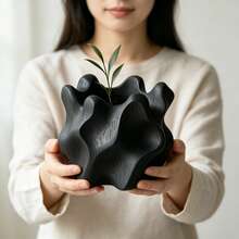 3D Printed Organic Wavy Shaped Flower Pot, Abstract Asymmetrical Textured Matte Black Decorative Planter, Wabi-Sabi Style Indoor Planting Pot, Succulent Green Plant Desktop Ornament, Nordic Home Decor - Abstract Vase - View 3