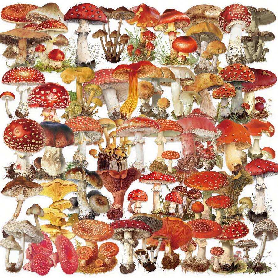 50pcs Vintage Mushroom Creative PET Double Transparent Graffiti Sticker Decoration DIY Phone Case, Account, Computer, Guitar, Water Cup Festival Gift Stickers - 1 Set/50 PCS - View 1