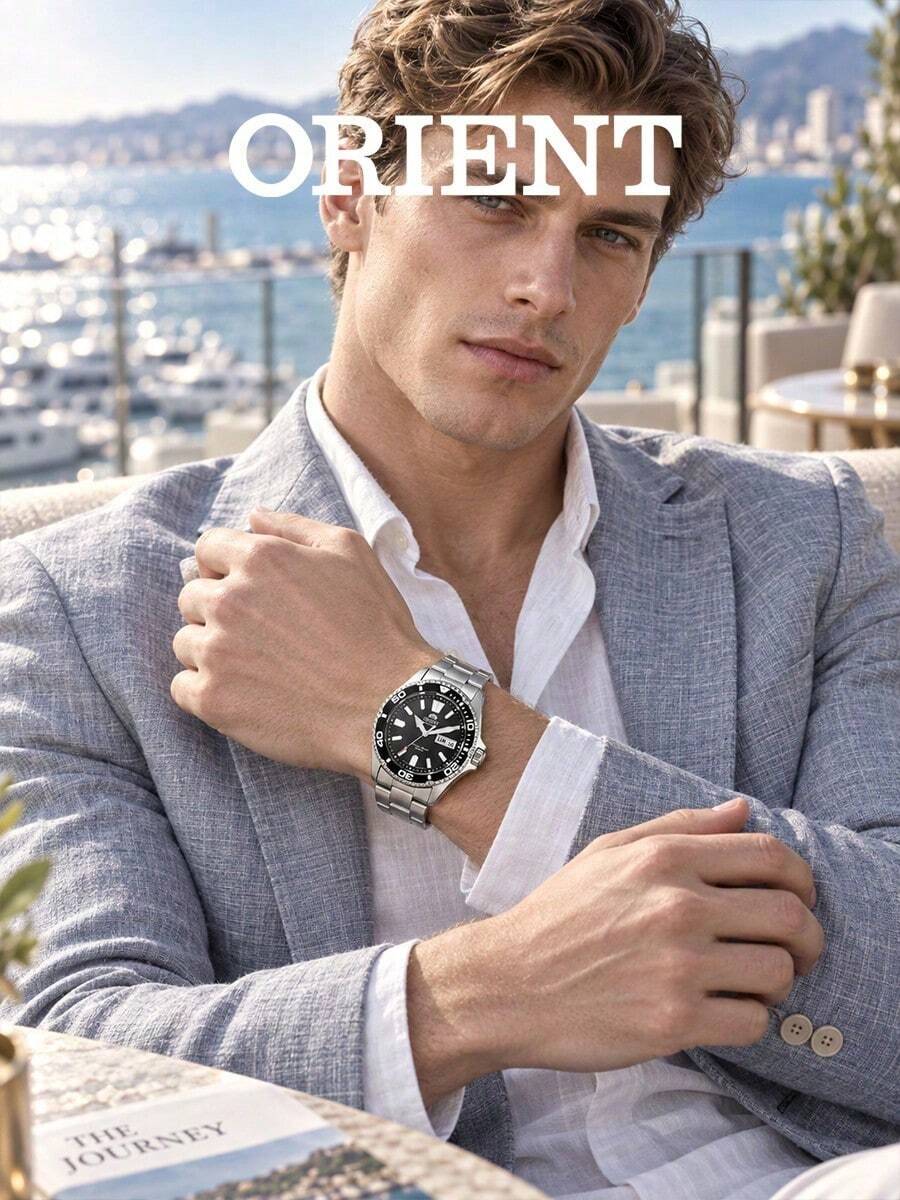 Men's ORIENT Automatic Dive Watch, Brushed Stainless Steel Bracelet, Black Dial, Rotating Bezel, 200m Water Resistant, Date And Day Display, Sports Watch - Black - View 1