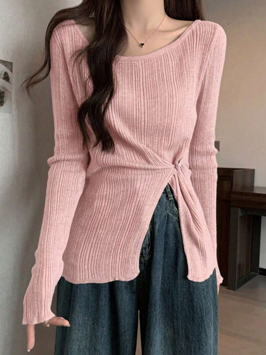 Daily Design 小眾極簡性感單肩針織上衣，收腰開衩辣妹性感女款上衣