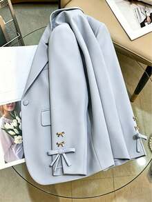 Fashion Plus Size Jacket With Bow Detail And Pointed Collar, Long Regular Sleeve, Creating A Stylish Look - Baby Blue - View 5