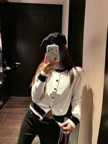 Design Hollow Knit Cardigan Black & White Color Block Elegant Short Sweater Jacket - White - View 2
