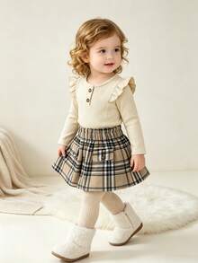 2pcs/Set Baby Girl Autumn/Winter Soft Ribbed Elegant Flutter Sleeve Top And Classic Plaid Skirt, Cute Button Decor, Suitable For Daily Wear, Versatile And Comfortable For Photos - Apricot - View 4