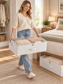 White Underbed Storage Organizer Box, Large Capacity Foldable Storage Bin For Organizing Blankets, Skirts, Bedding, Clothes, Underbed Clothing Storage Organizer, Space-Saving Closet Storage, Underbed Storage, Minimal Space Occupancy - View 10