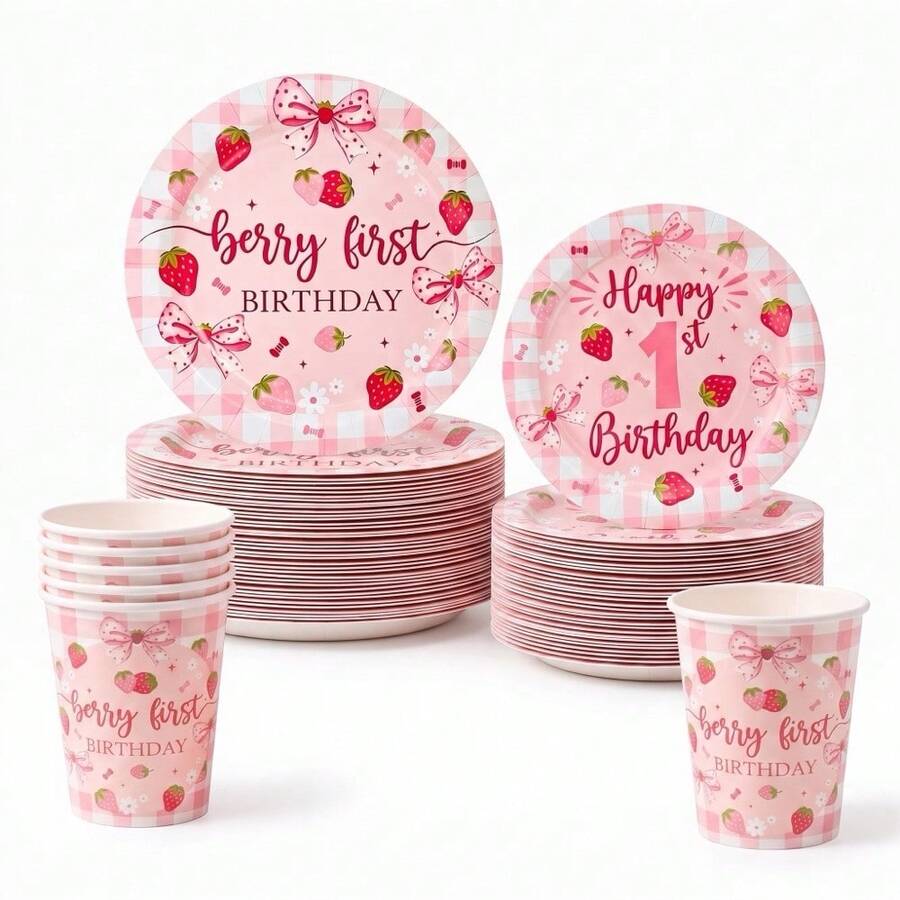 10/20/30/60件莓果主題1歲生日裝飾 草莓1歲生日裝飾套組 包含盤子 餐巾紙用品 粉色格紋草莓與蝴蝶結印花 一次性紙盤、杯子與餐巾紙 適合甜美1歲生日派對裝飾 - 彩色 - 查看 1