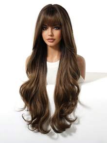 Topshe 30 Inch Gradient Dark Brown To Caramel Highlight Long Wavy Synthetic Wig, Silky Voluminous Soft Texture, Neat Straight Fringe Bangs, Breathable Adjustable Wig Cap, Perfect For Daily Outing, Dating, Club, Vintage Style Hair Wig For Ladies - Piano Color - View 6