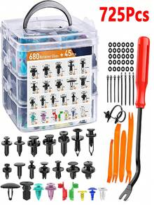 Set Klip Pengikat Plastik Mobil 725 buah, Klip Pengikat Trim Panel Pintu Fender Mobil, Kit Klip Pengikat Bumper Mobil, Termasuk 30 Ring, 10 Pengikat Kabel, Tuas Pengungkit 6 Inci dan Set Alat Pelepas Kuning 4 buah, Cocok untuk Perbaikan Mobil - 725 PCS - KOTAK - PERLENGKAPAN PERBAIKAN - View 1