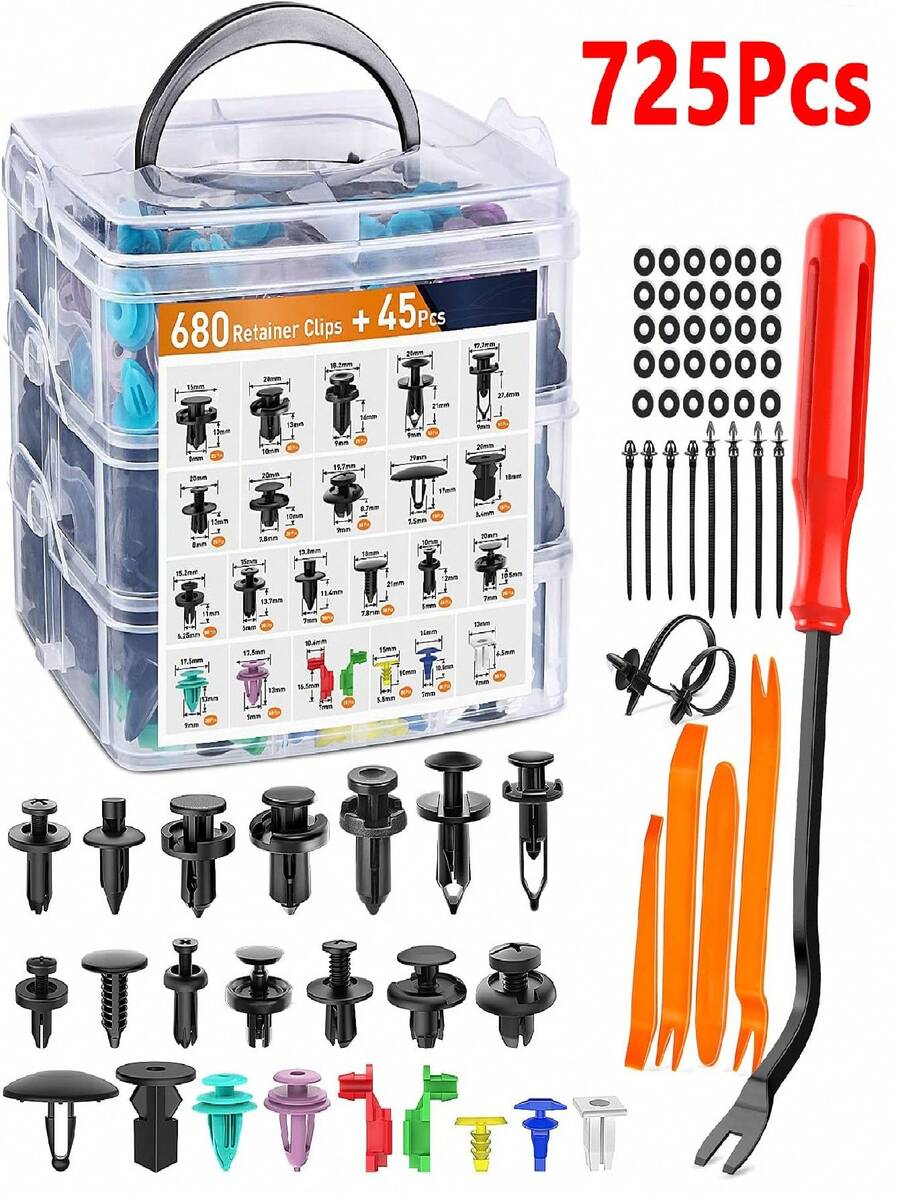Set Klip Pengikat Plastik Mobil 725 buah, Klip Pengikat Trim Panel Pintu Fender Mobil, Kit Klip Pengikat Bumper Mobil, Termasuk 30 Ring, 10 Pengikat Kabel, Tuas Pengungkit 6 Inci dan Set Alat Pelepas Kuning 4 buah, Cocok untuk Perbaikan Mobil - 725 PCS - KOTAK - PERLENGKAPAN PERBAIKAN - View 1
