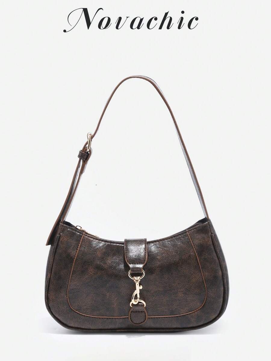 1pc Vintage Minimalist Crescent Shaped Adjustable Strap Handbag, Suitable For Dates, Outings, Parties, Retro Style Purse, Small Bag - Coffee Brown - View 1