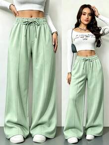 Pantalones holgados de pierna ancha, pantalones casuales de cintura alta fruncida con cordón, detalle de costura vertical - Verde - Ver 1