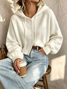 Women's Loose Hooded Drawstring Button Design Sweater, Casual Fashion Top For Autumn/Winter - White - View 1