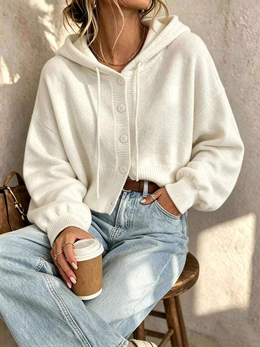 Women's Loose Hooded Drawstring Button Design Sweater, Casual Fashion Top For Autumn/Winter - White - View 1