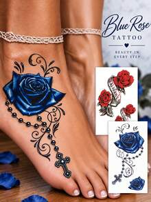 Blue Rose & Cross Temporary Tattoo For Women, Gothic Floral Body Art Sticker, Waterproof Long-Lasting Ankle & Foot Tattoo, Easy To Apply, Romantic Rose Design For Party, Festival, Cosplay & Everyday Style - Multicolor - View 1