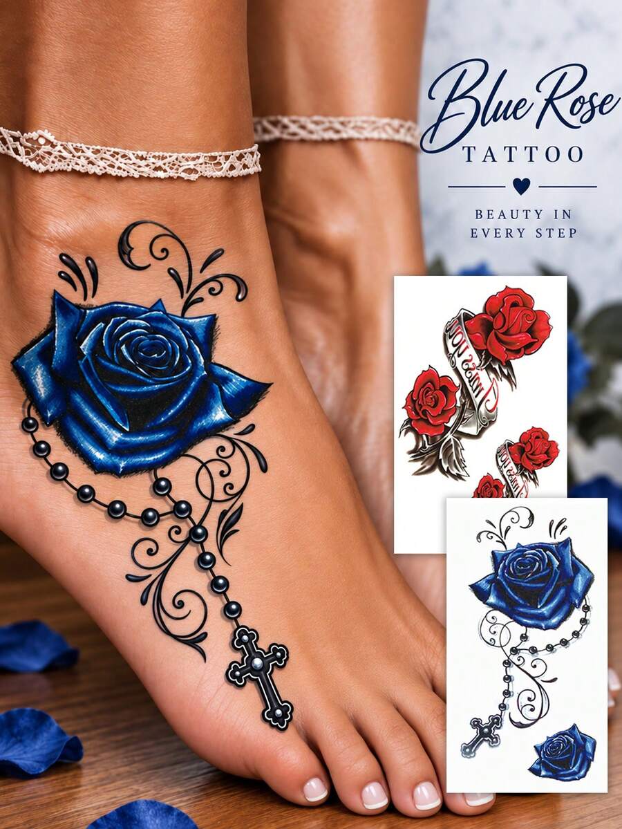 Blue Rose & Cross Temporary Tattoo For Women, Gothic Floral Body Art Sticker, Waterproof Long-Lasting Ankle & Foot Tattoo, Easy To Apply, Romantic Rose Design For Party, Festival, Cosplay & Everyday Style - Multicolor - View 1