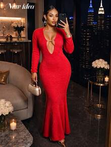 New Idea Women Red Fuzzy Knit Deep Cutout Chain Detail Long Sleeve Mermaid Maxi Dress - Red - View 3