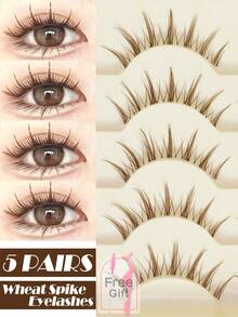 5 Pairs Brown Wheat Ear Full Strip False Eyelashes, Sharp Tips, Thin Natural Look, Soft Stem, Reusable Makeup Lashes, Includes Eyelash Applicator And Brush - Brown - View 8