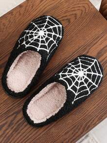 Autumn/Winter Thermal Slippers Halloween Spider Web Embroidery Print Indoor Home Closed-Toe Thermal Slippers - Black - View 3