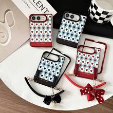 keshengtai PU Leather Heart Pattern Phone Case, With A Bow Pendant And A Silicone Wrist Strap, Hard PC Back Plate Protective Phone Cover, Compatible With IPhone Duo - A - View 2