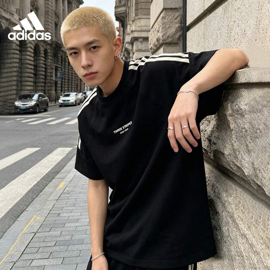 Kaos Lengan Pendek Kasual Katun Murni Adidas Musim Panas Terbaru, Atasan Bernapas - Hitam - View 1