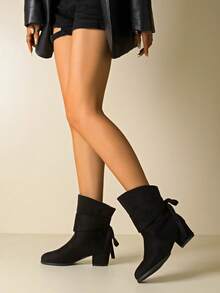 Women's New Ruched Ankle Boots With Back Lace-Up Bow, Fashionable Versatile Chunky Heel Ankle Boots - Black - View 2