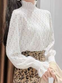 Women's Brushed Lace Base Layer Top, Autumn/Winter Elegant Bell Sleeve Sweater Inner Layer, White High Neck Lace Blouse - White - View 3