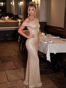 Women's Elegant Gold Sequin One-Shoulder Long Evening Dress, Ruffle Design, Slim Fit, Suitable For Formal Occasions - Apricot - View 7