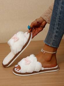 Women's Small Bow Open Toe Plush Slippers, Warm Fuzzy Indoor House Slippers For Autumn/Winter - Pink - View 5