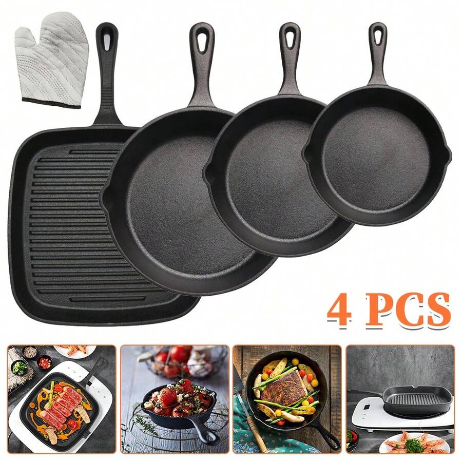 Vintage Cast Iron Skillet Cookware Kit, Versatile Grill & Fry Pans For Steak Egg Meats Cooking - View 1