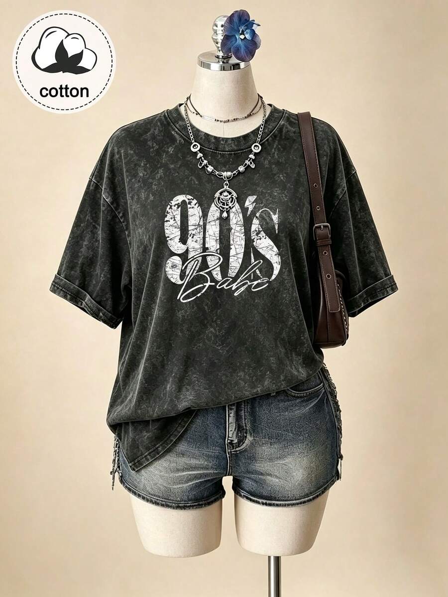 Plus Size Women's Vintage Print T-Shirt, Retro Letter Pattern, Casual Short Sleeve Round Neck Washed Top, Black, Summer - Black - View 1
