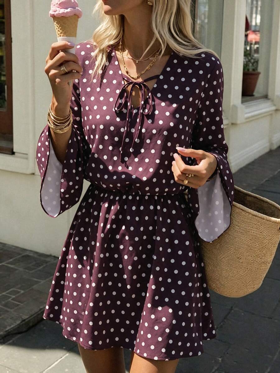 Women's Casual Vintage Polka Dot Bow Flared Sleeve Elastic Waist Mini Dress, French Elegant Party Christmas Halloween New Year Outfit, Fall Winter - Multicolor - View 1