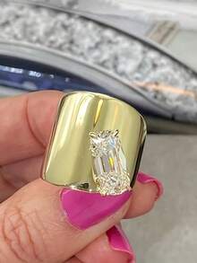 Creative Wide Band Luxury 18K Gold Plated Geometric Zirconia Ring For Women, Minimalist Fashion Ring For Evening Party - Gold - View 3