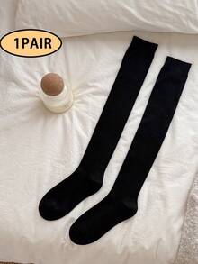 1 Pair Women's Ribbed Knit Thigh High Socks, Soft Stretch Thigh High Stockings, Cozy Preppy Socks For Fall Winter, School & Daily Wear - Multicolor - View 10