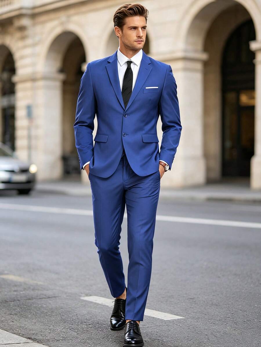 Men's 2-Piece Suit Jacket, Elegant Solid Color Single-Breasted Long Sleeve Slim Fit Blazer & Tie, Suitable For Party, Wedding, Business, Ball, Old Money Style - Royal Blue - View 1