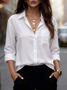 Women's Solid White Shirt, Collared Long Sleeve Button Front Pocket Blouse For Business, Office, Commute, Home, Holiday, Spring Fall Winter - White - View 8