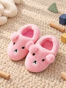Cute Pom Pom Bear Kids Closed Back Plush Slippers, Girls Fluffy Warm Non-Slip Indoor Home Shoes For Autumn Winter - Pink - View 4